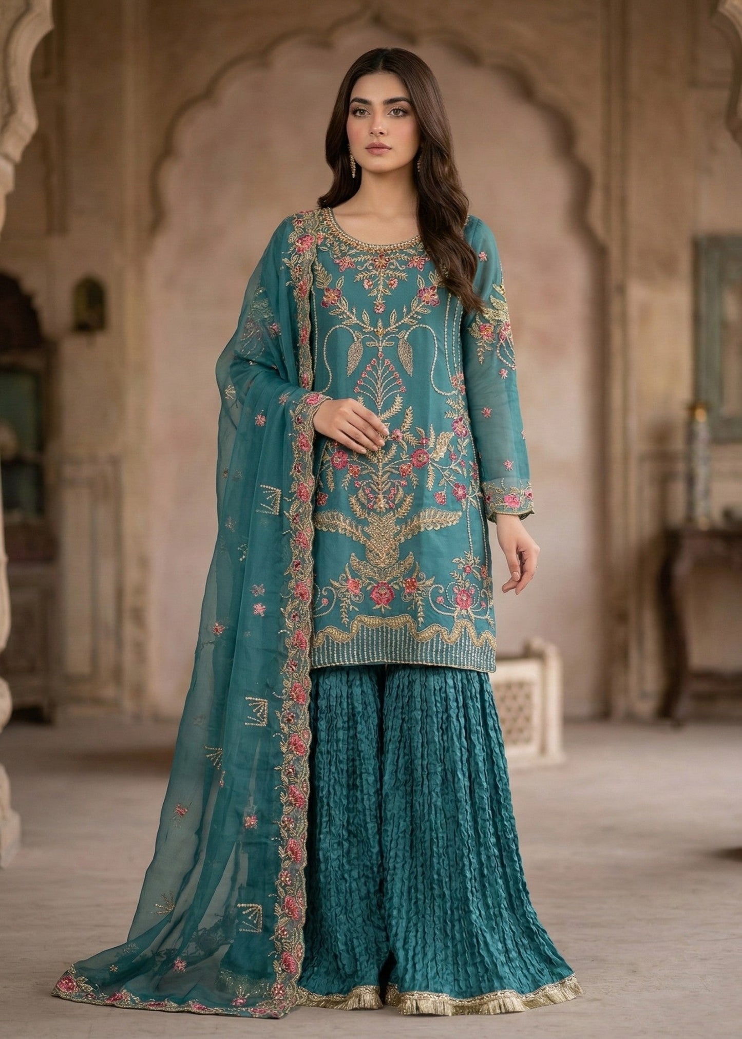 Pakistani Designer Sea Green Organza Salwar Kameez Online in KSA Riyadh Saudi Arabia Oman Bahrain Qatar