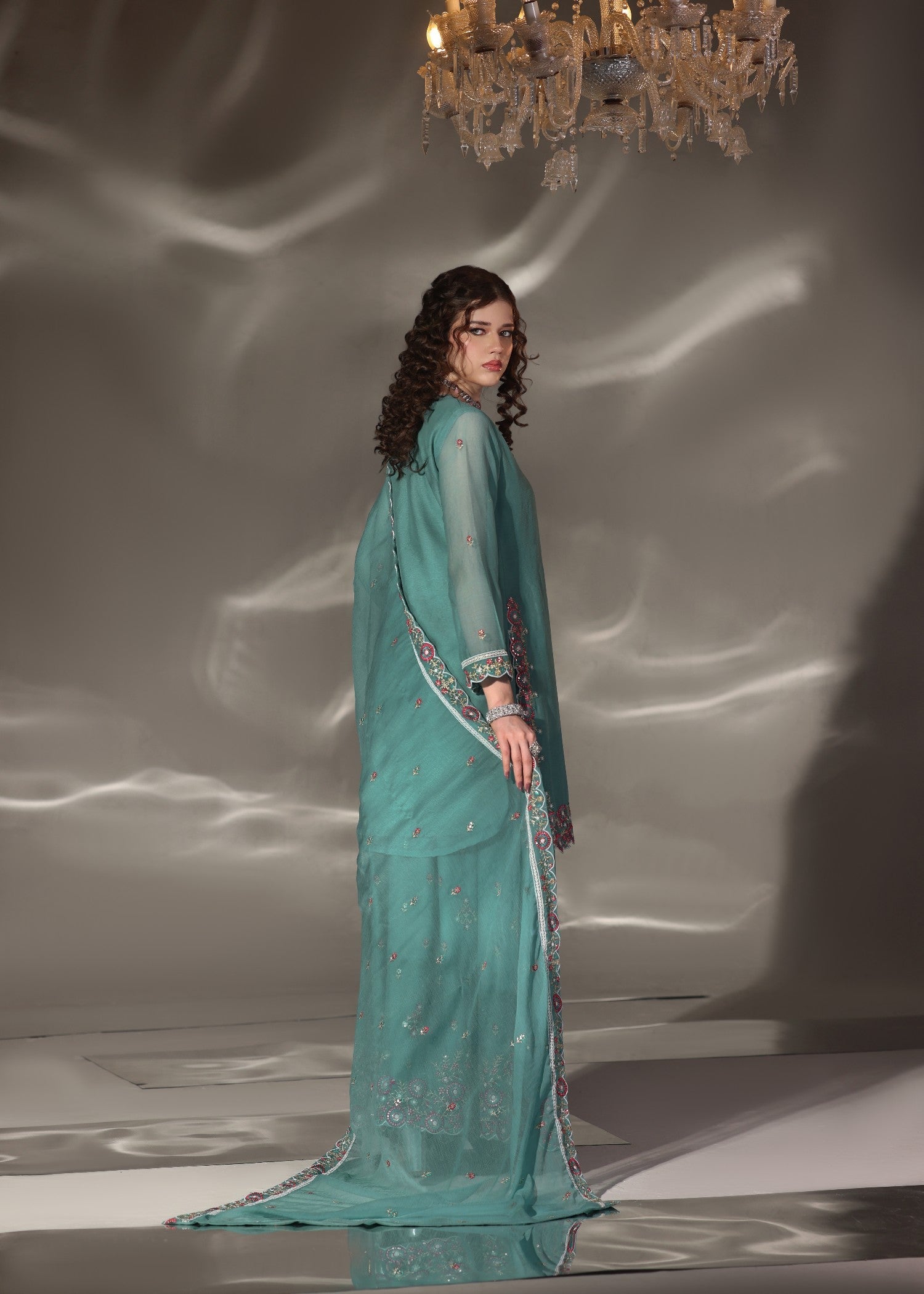 Pakistani Designer Sea Green Sharara Suit Online in KSA Riyadh Saudi Arabia Oman Bahrain Qatar