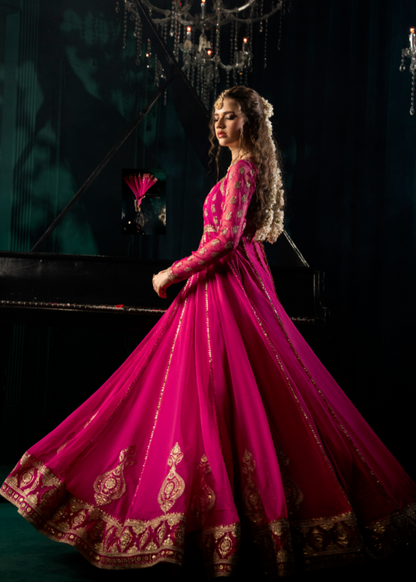 Pakistani Designer Shocking Pink Chiffon Salwar Kameez Online in KSA Riyadh Saudi Arabia Oman Bahrain Qatar