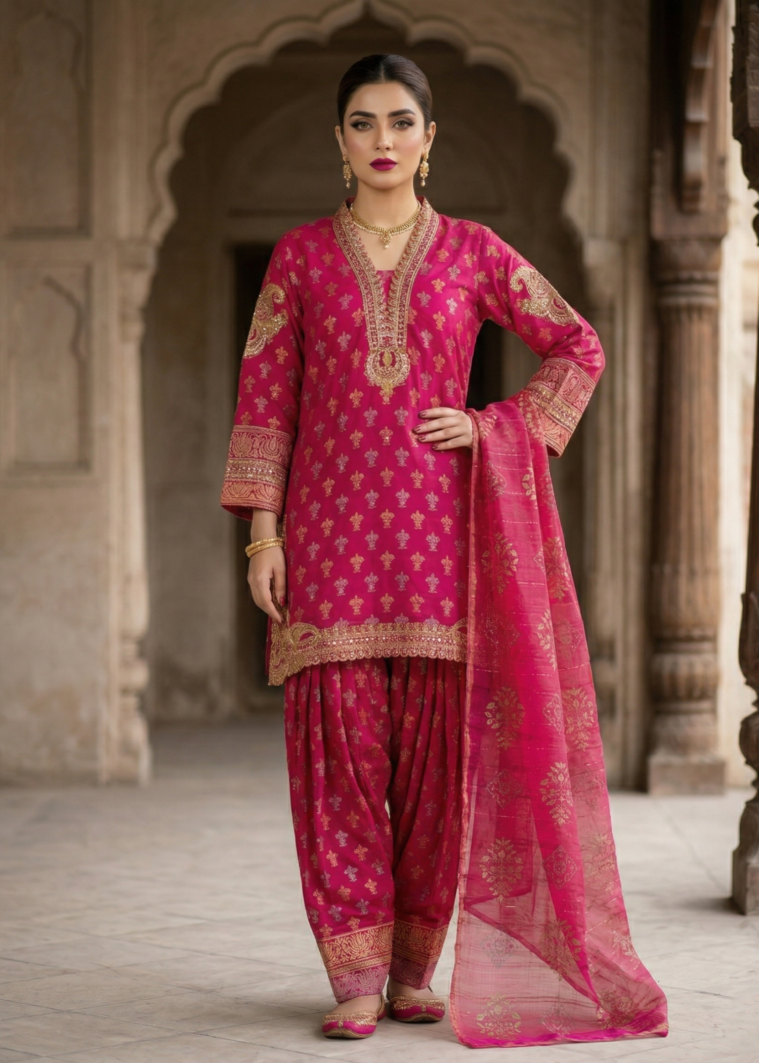 Pakistani Designer Shocking Pink Embroidered Salwar Kameez Online in KSA Riyadh Saudi Arabia Oman Bahrain Qatar