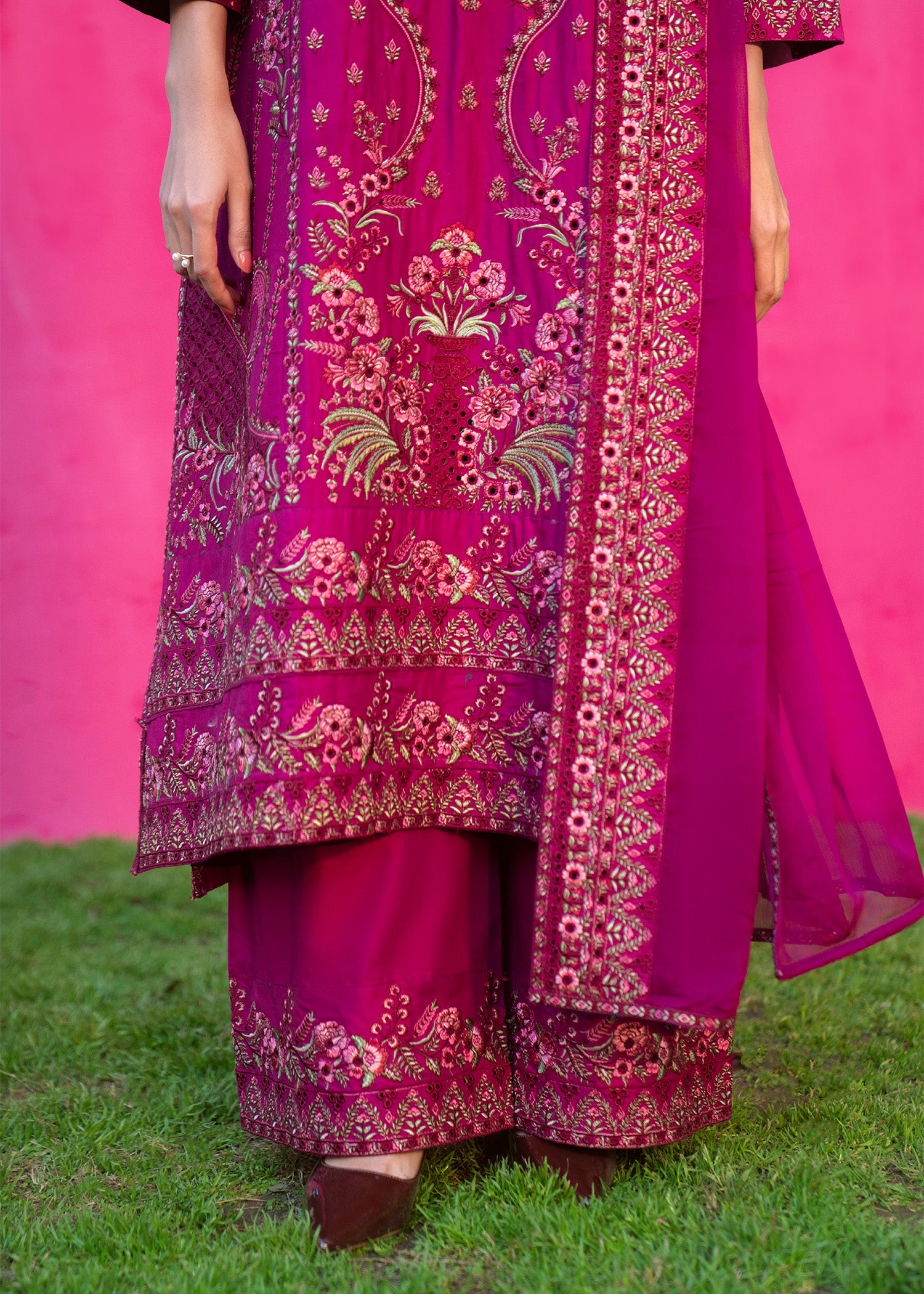 Pakistani Designer Shocking Pink Lawn Suit Online in KSA Riyadh Saudi Arabia Oman Bahrain Qatar