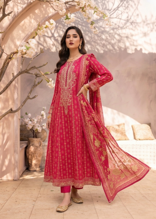 Pakistani Designer Shocking Pink Pishwas with Raw Silk Trouser Online in KSA Riyadh Saudi Arabia Oman Bahrain Qatar