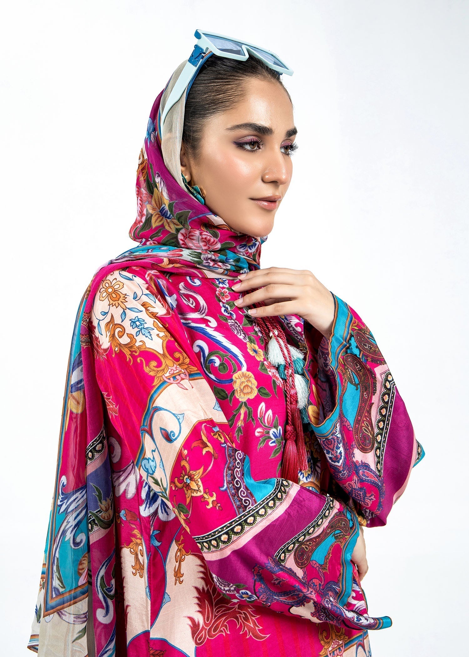 Pakistani Designer Shocking Pink Raw Silk Salwar Kameez Online in KSA Riyadh Saudi Arabia Oman Bahrain Qatar