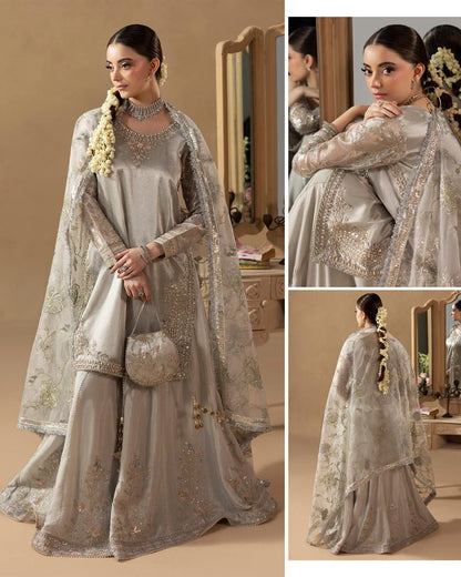 Pakistani Designer Silver Embellished Raw Silk Sharara Gharara Online in KSA Riyadh Saudi Arabia Oman Bahrain Qatar