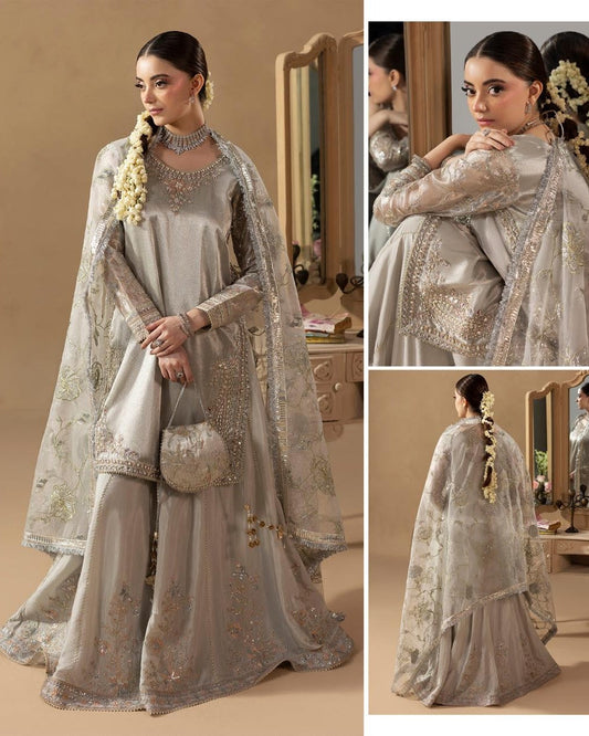 Pakistani Designer Silver Embellished Raw Silk Sharara Gharara Online in KSA Riyadh Saudi Arabia Oman Bahrain Qatar