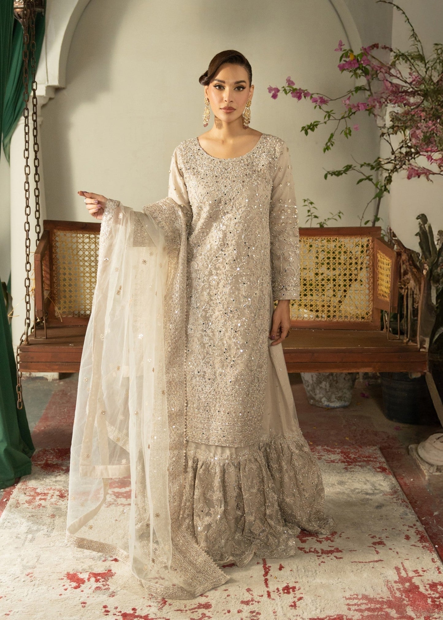 Pakistani Designer Silver Net Gharara Salwar Kameez Online in KSA Riyadh Saudi Arabia Oman Bahrain Qatar