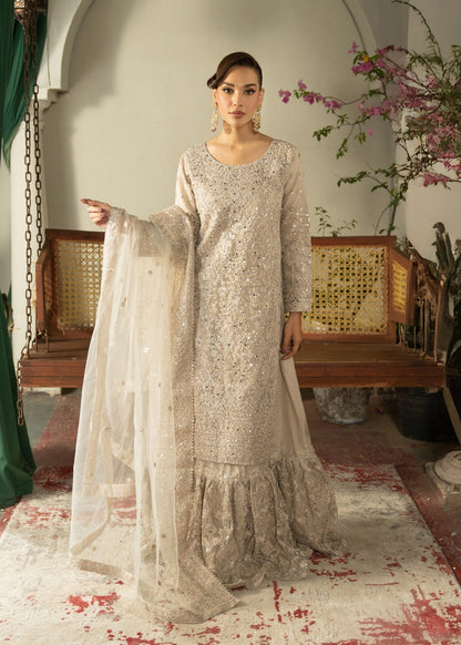 Pakistani Designer Silver Net Gharara Salwar Kameez Online in KSA Riyadh Saudi Arabia Oman Bahrain Qatar