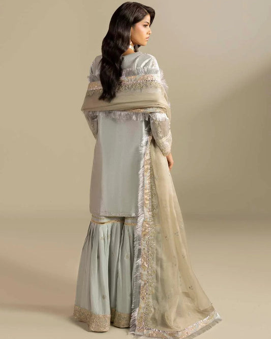 Pakistani Designer Silver Silk Gharara Online in KSA Riyadh Saudi Arabia Oman Bahrain Qatar
