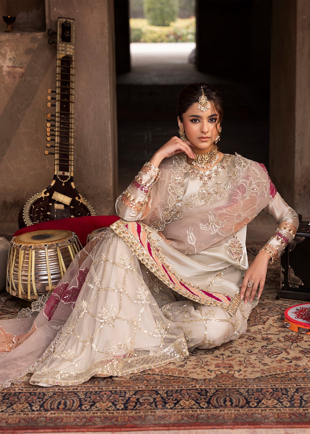 Pakistani Designer Silver Tissue Sharara Online in KSA Riyadh Saudi Arabia Oman Bahrain Qatar