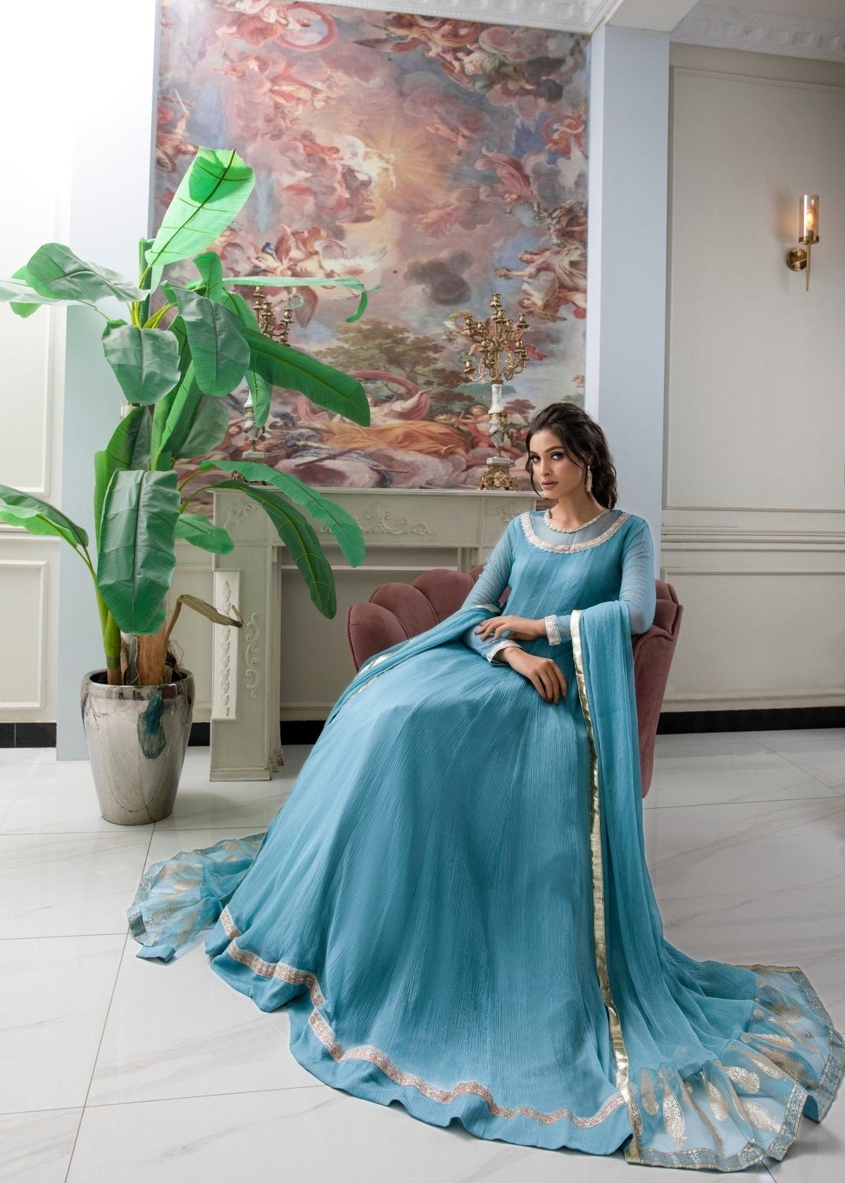 Pakistani Designer Sky Blue Chiffon Pishwas Suit Online in Sri Lanka India Australia