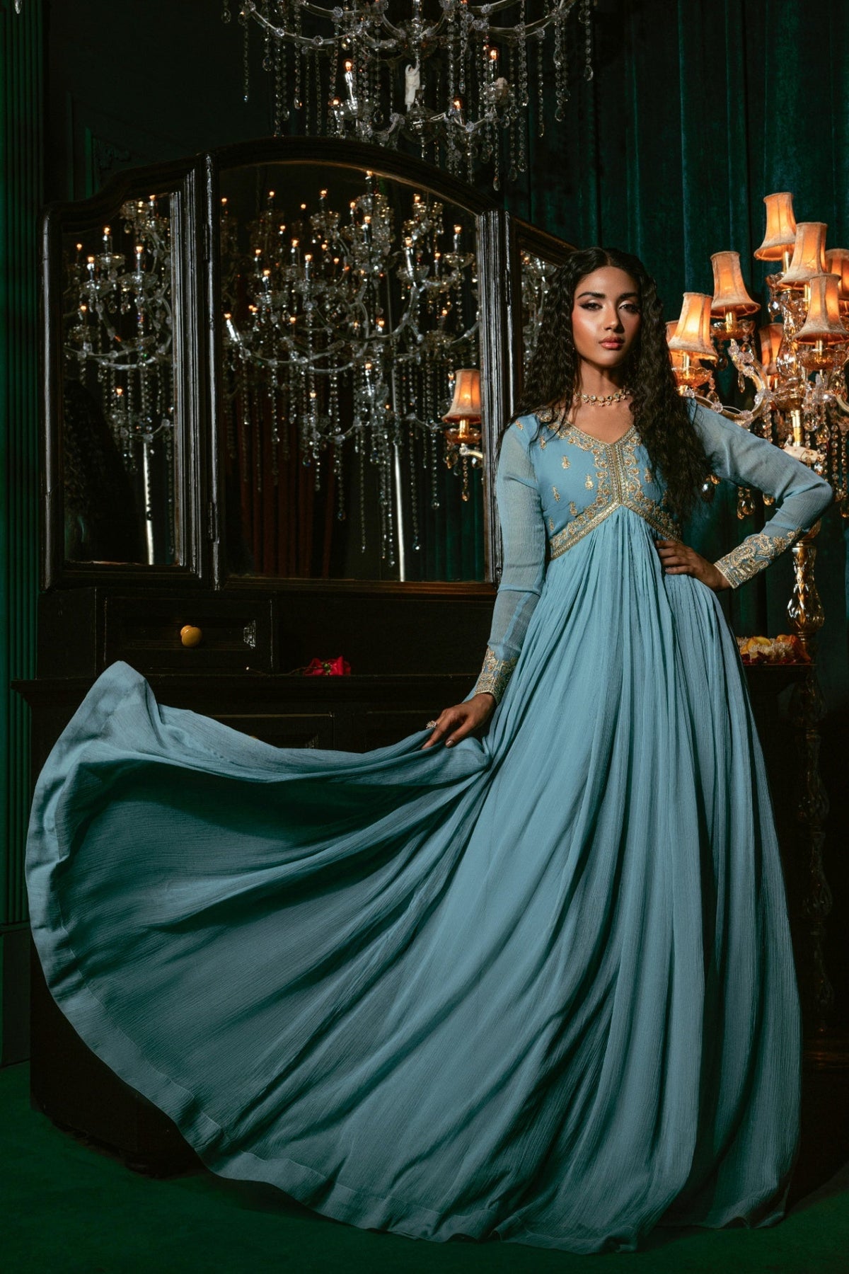 Pakistani Designer Sky Blue Chiffon Salwar Kameez Online in KSA Riyadh Saudi Arabia Oman Bahrain Qatar