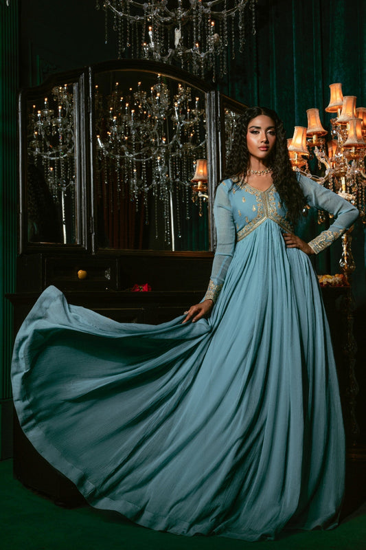 Pakistani Designer Sky Blue Chiffon Salwar Kameez Online in KSA Riyadh Saudi Arabia Oman Bahrain Qatar