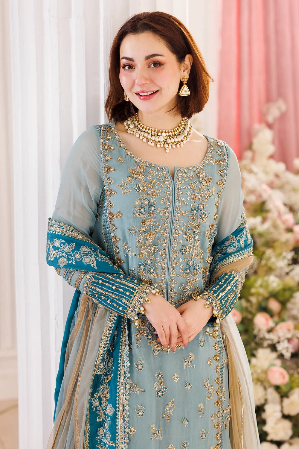 Pakistani Designer Sky Blue Chiffon Salwar Kameez Online in KSA Riyadh Saudi Arabia Oman Bahrain Qatar