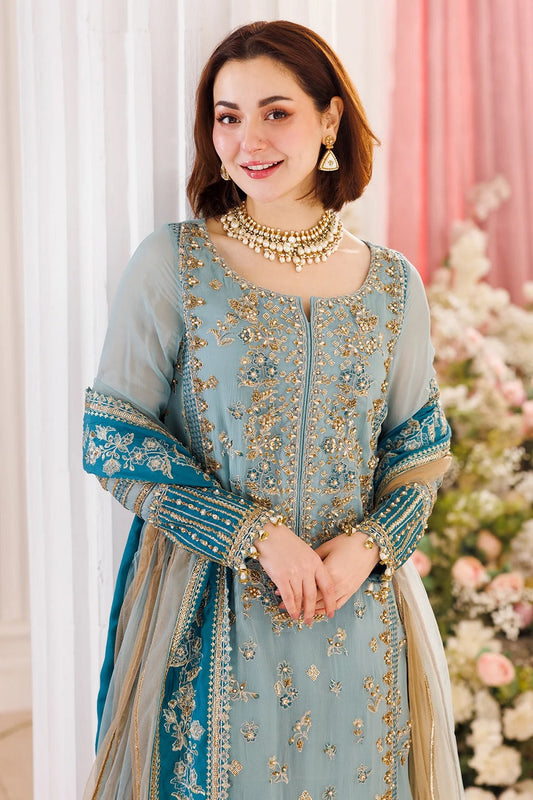 Pakistani Designer Sky Blue Chiffon Salwar Kameez Online in KSA Riyadh Saudi Arabia Oman Bahrain Qatar