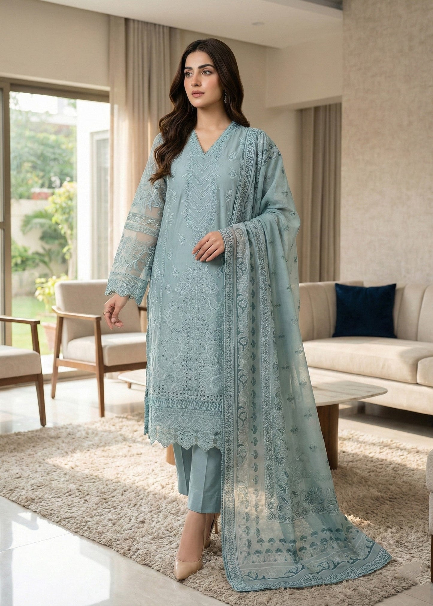 Pakistani Designer Sky Blue Chikankari Cotton Suit Online in KSA Riyadh Saudi Arabia Oman Bahrain Qatar