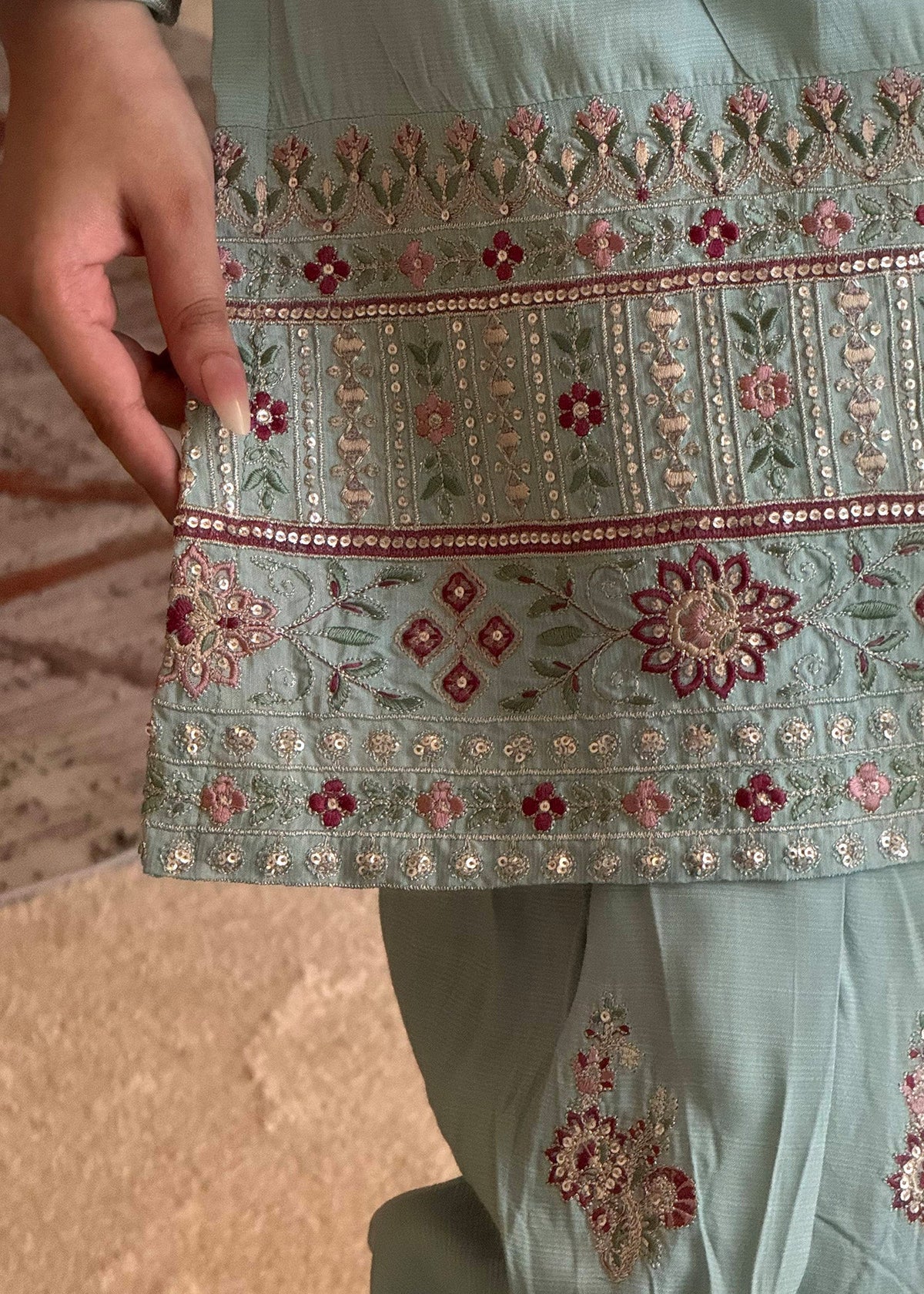 Pakistani Designer Sky Blue Embroidered Raw Silk Suit Online in Dubai DXB UAE Abudhabi Meena Bazaar