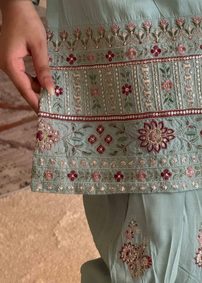 Pakistani Designer Sky Blue Embroidered Raw Silk Suit Online in Dubai DXB UAE Abudhabi Meena Bazaar
