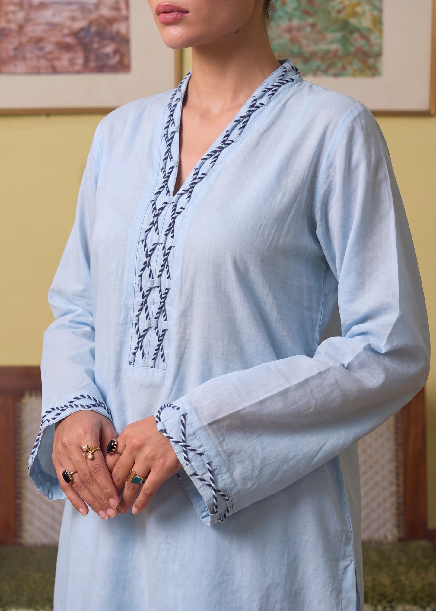 Pakistani Designer Sky Blue Lacework Lawn Suit Online in UK USA Canada