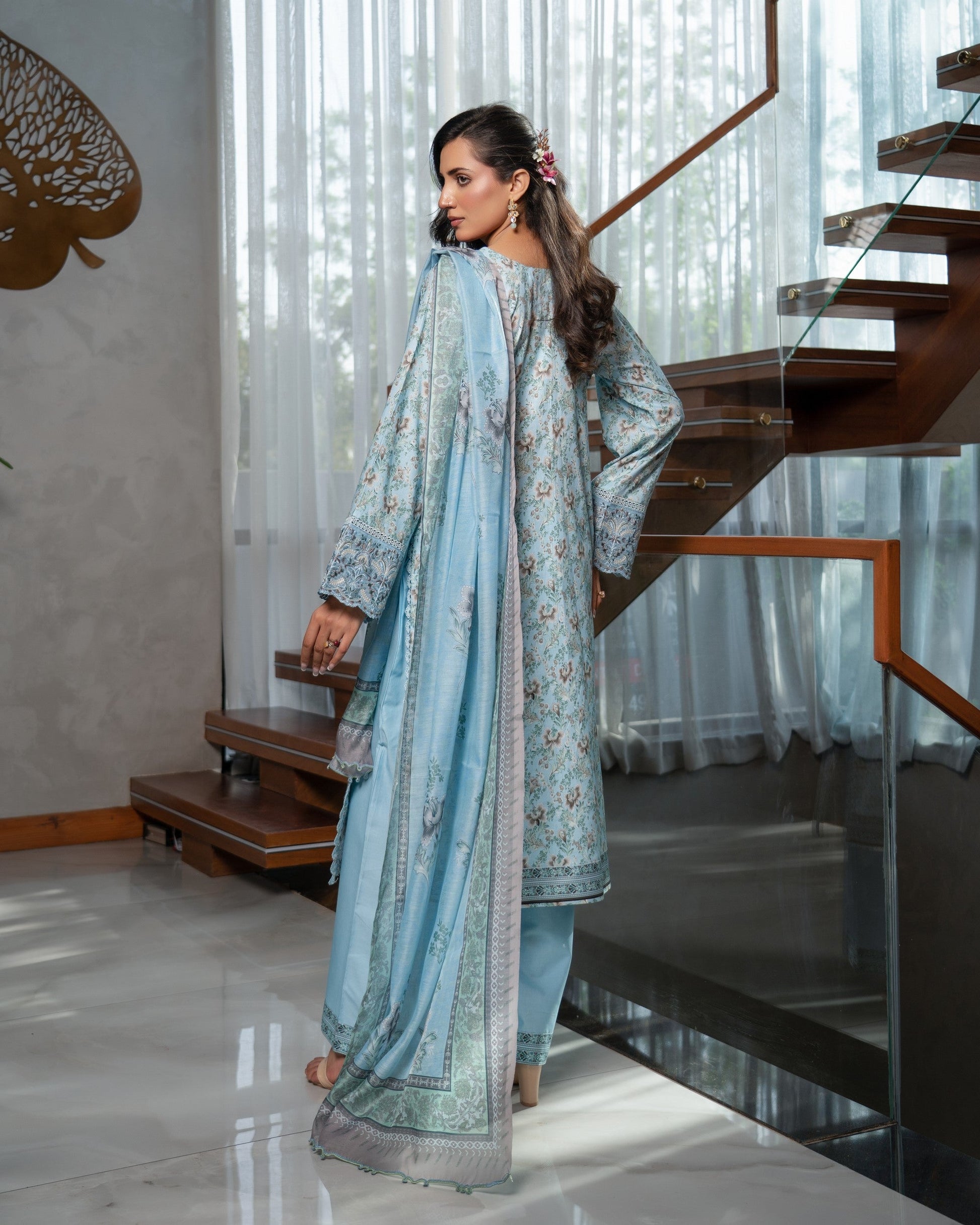 Pakistani Designer Sky Blue Lawn Salwar Kameez Online in KSA Riyadh Saudi Arabia Oman Bahrain Qatar