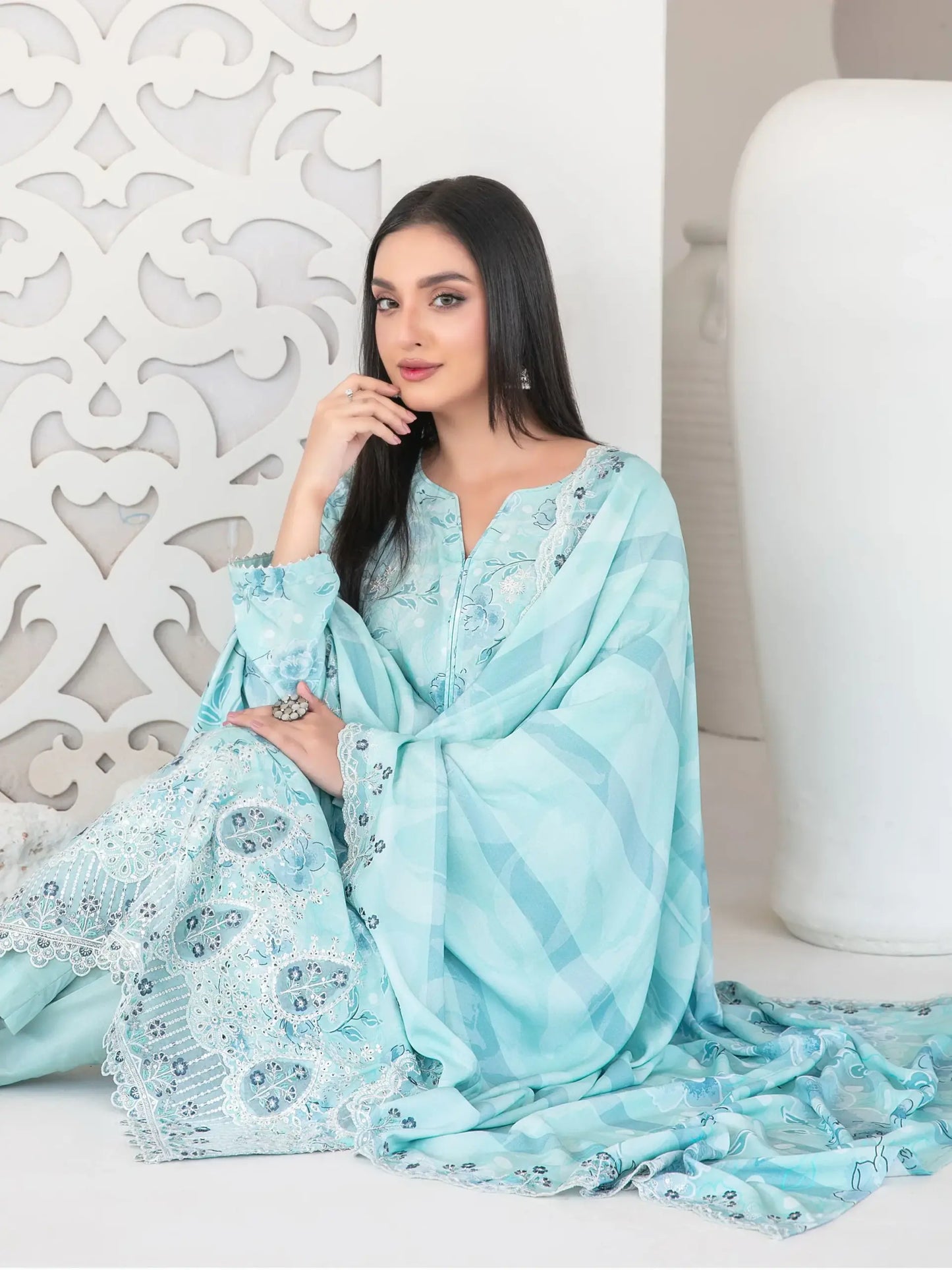 Pakistani Designer Sky Blue Lawn Shalwar Kameez Online in KSA Riyadh Saudi Arabia Oman Bahrain Qatar