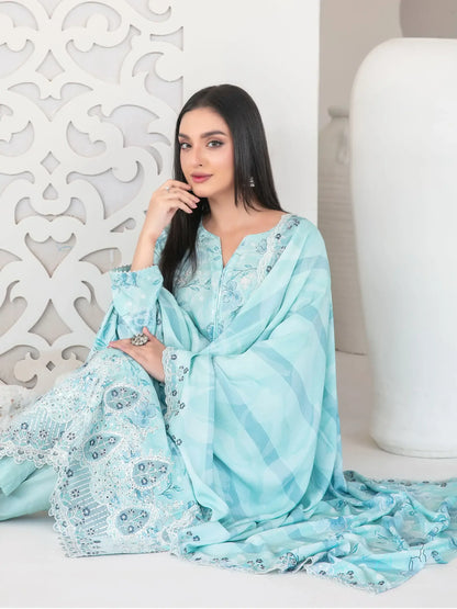 Pakistani Designer Sky Blue Lawn Shalwar Kameez Online in KSA Riyadh Saudi Arabia Oman Bahrain Qatar