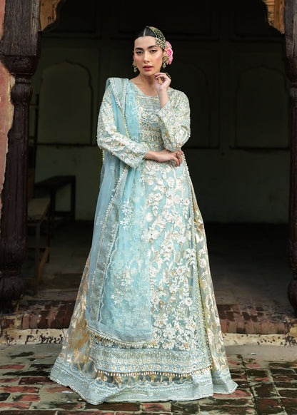 Pakistani Designer Sky Blue Net Lehenga Suit Online in KSA Riyadh Saudi Arabia Oman Bahrain Qatar