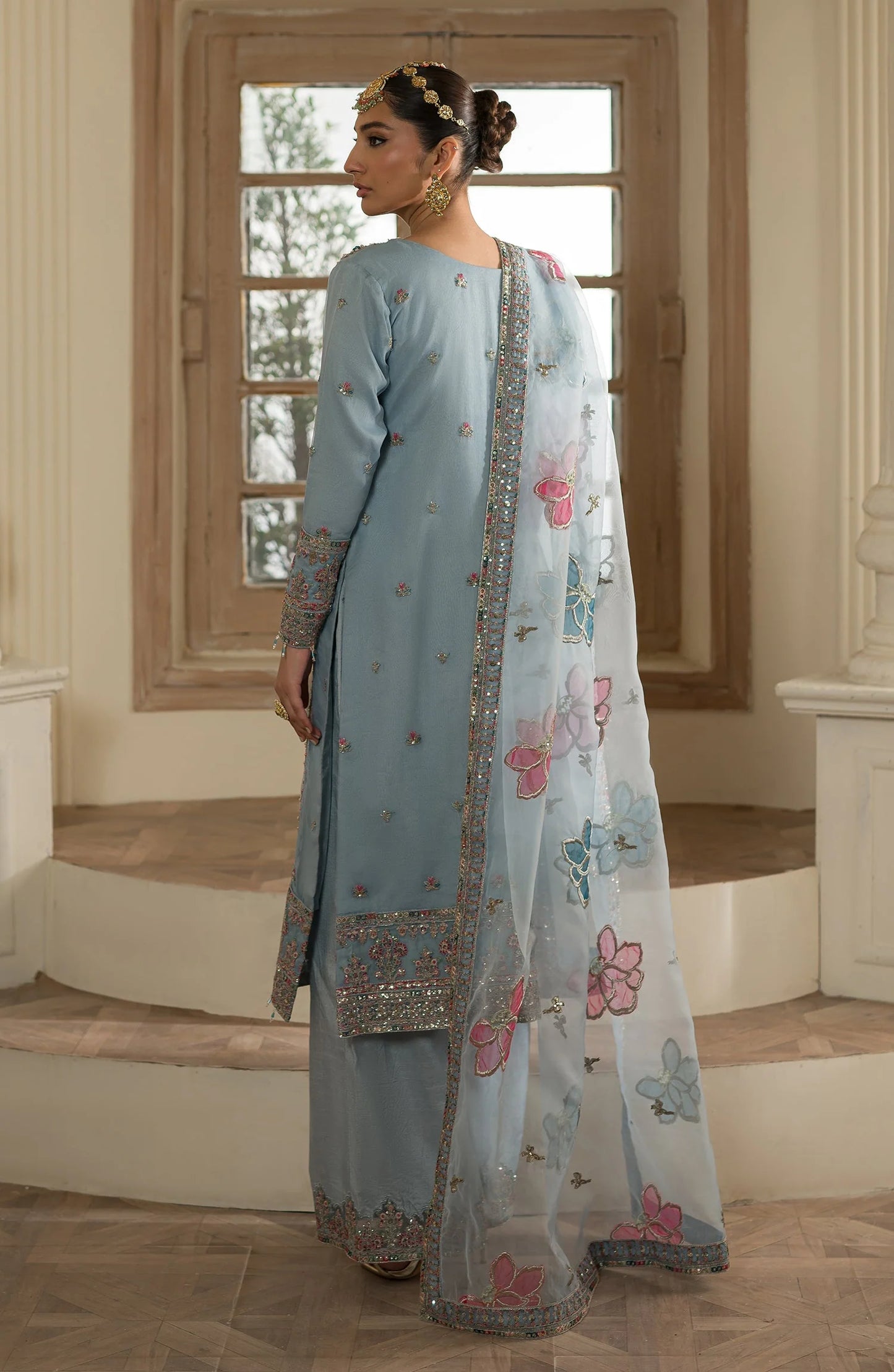 Pakistani Designer Sky Blue Raw Silk Suit Online in KSA Riyadh Saudi Arabia Oman Bahrain Qatar