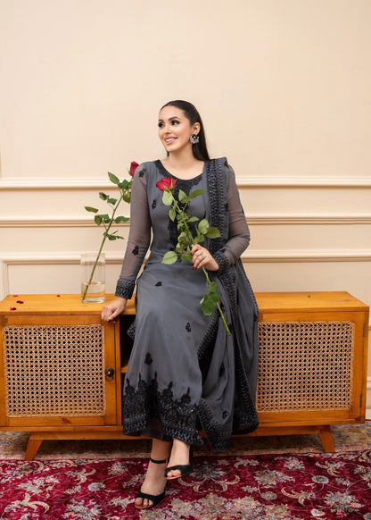 Pakistani Designer Slate Grey Chiffon Salwar Kameez Online in KSA Riyadh Saudi Arabia Oman Bahrain Qatar