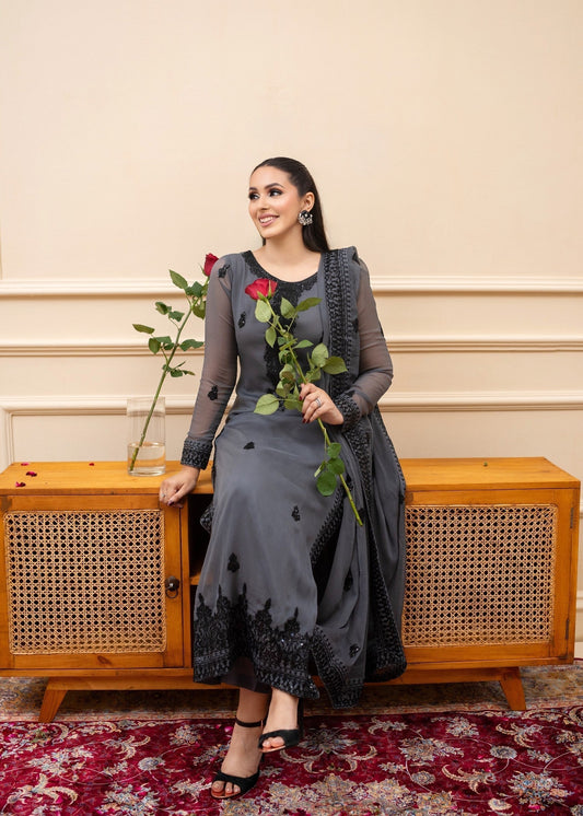 Pakistani Designer Slate Grey Chiffon Salwar Kameez Online in KSA Riyadh Saudi Arabia Oman Bahrain Qatar
