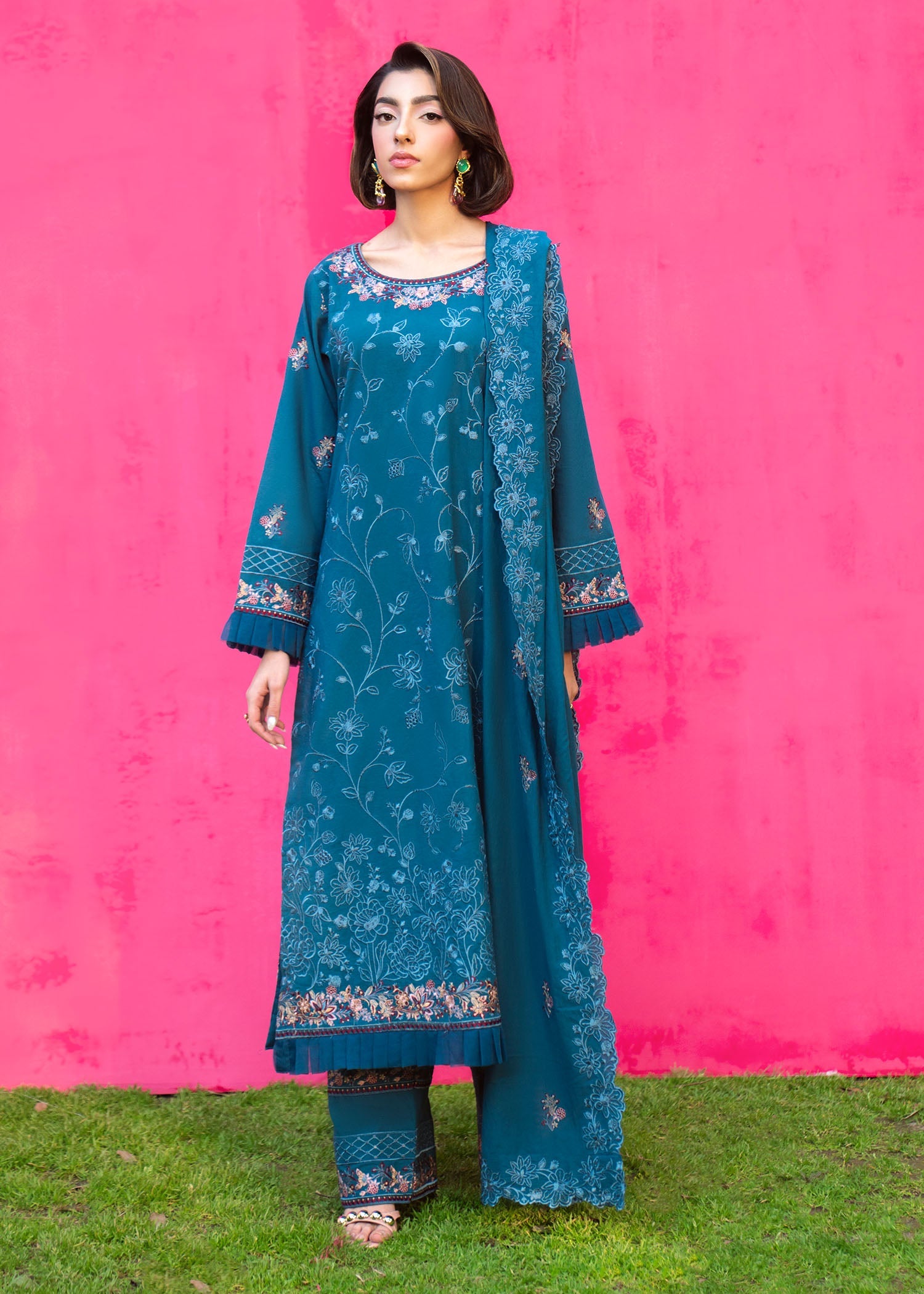 Pakistani Designer Steel Blue Floral Lawn Salwar Kameez Online in KSA Riyadh Saudi Arabia Oman Bahrain Qatar