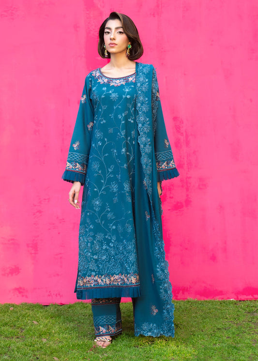 Pakistani Designer Steel Blue Floral Lawn Salwar Kameez Online in KSA Riyadh Saudi Arabia Oman Bahrain Qatar