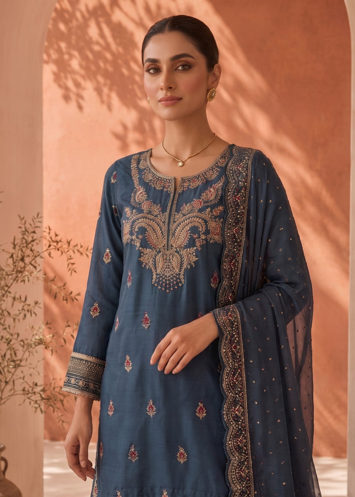 Pakistani Designer Steel Blue Gharara Salwar Kameez Online in KSA Riyadh Saudi Arabia Oman Bahrain Qatar