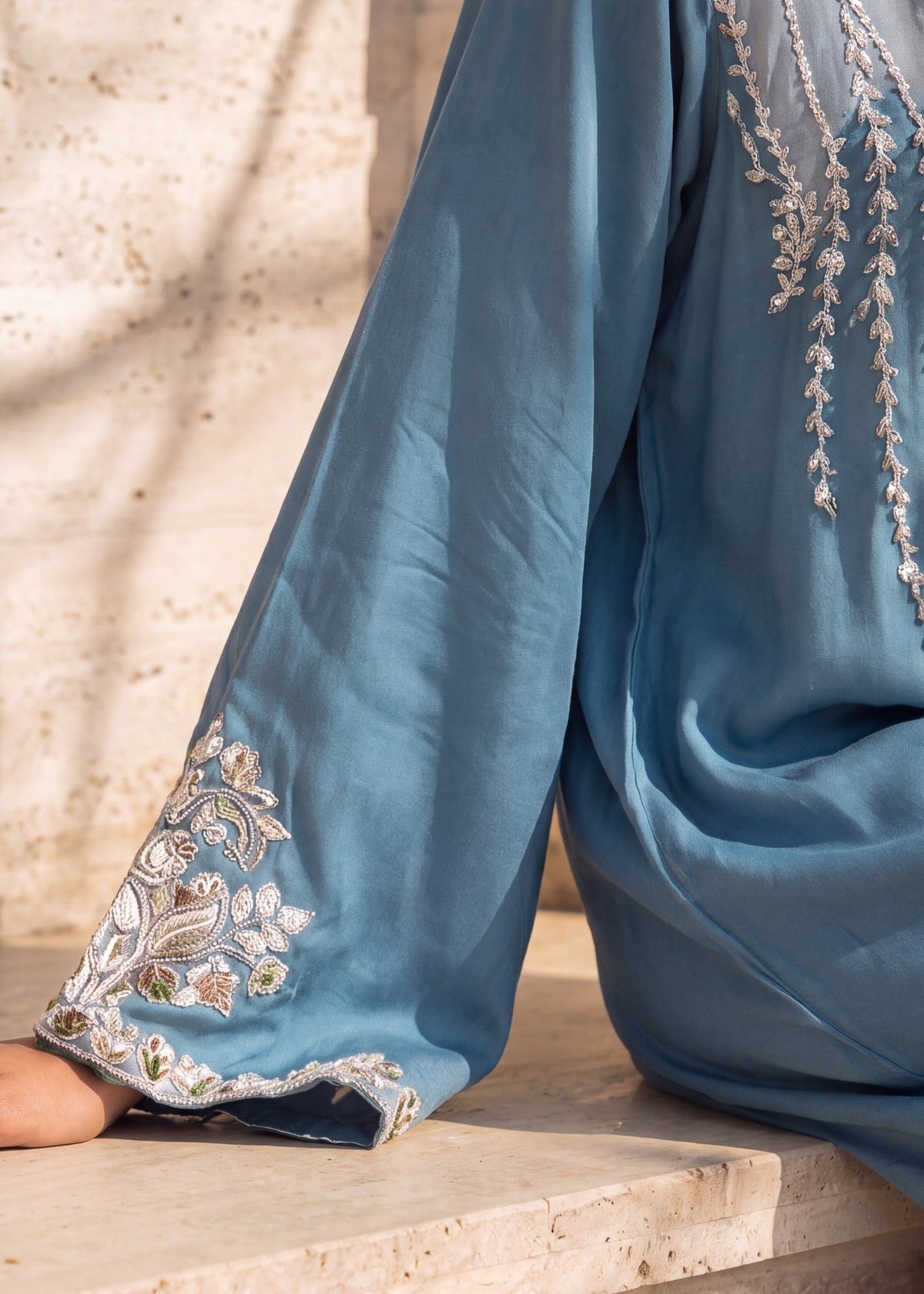 Pakistani Designer Steel Blue Linen Kaftan Online in Sri Lanka India Australia