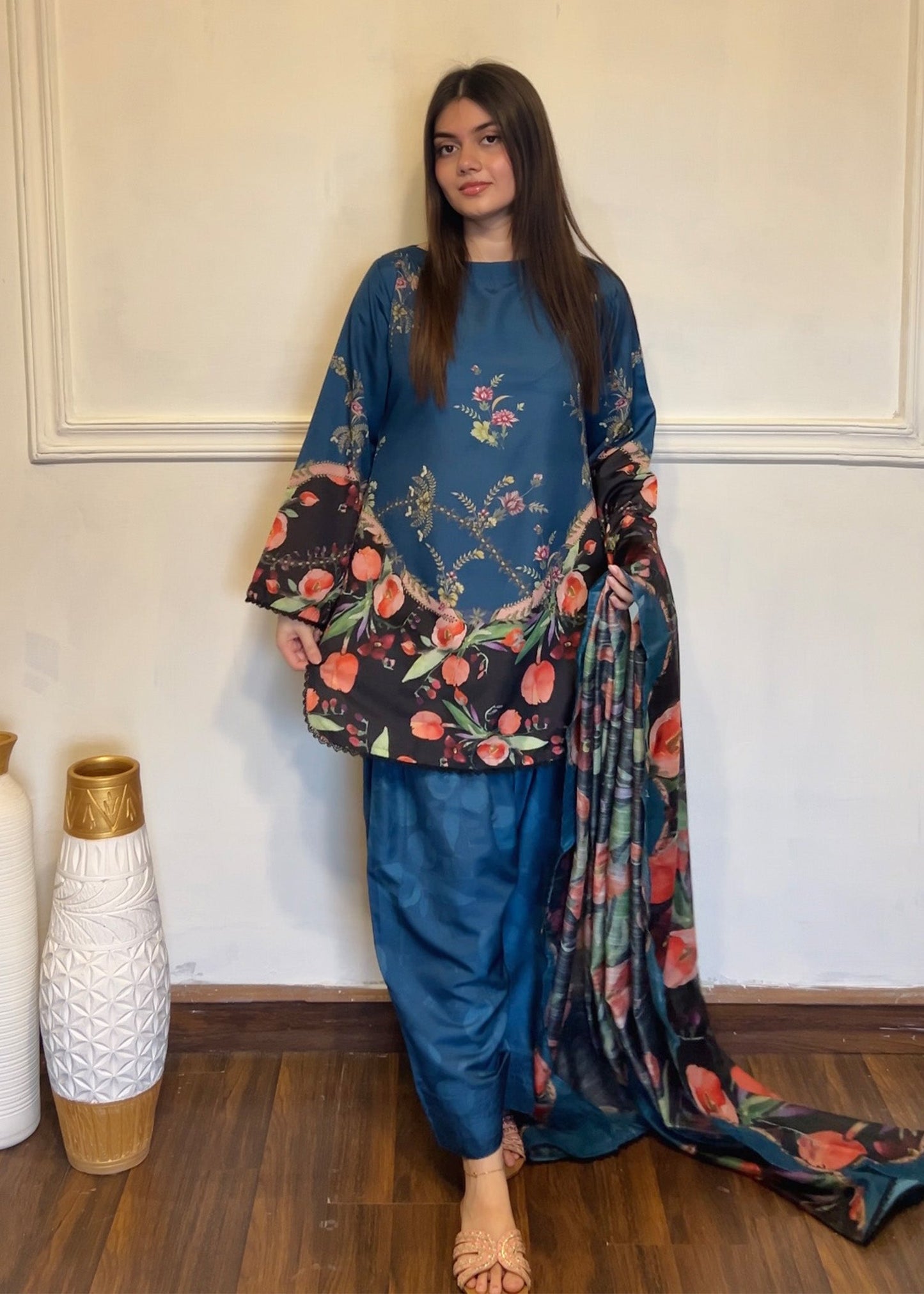 Pakistani Designer Steel Teal Silk Finish Lawn Farshi Shalwar Online in KSA Riyadh Saudi Arabia Oman Bahrain Qatar