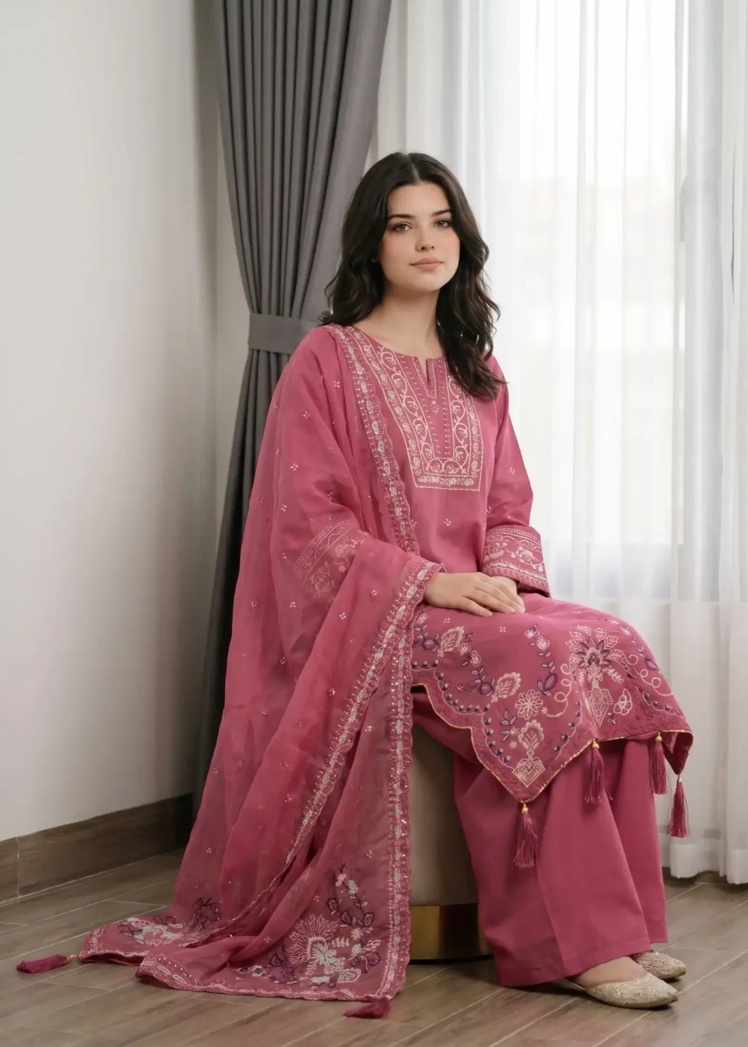 Pakistani Designer Strawberry Pink Cotton Suit Online in KSA Riyadh Saudi Arabia Oman Bahrain Qatar
