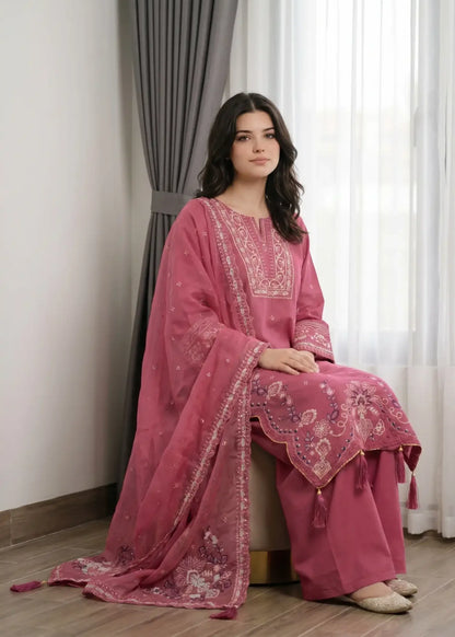 Pakistani Designer Strawberry Pink Cotton Suit Online in KSA Riyadh Saudi Arabia Oman Bahrain Qatar