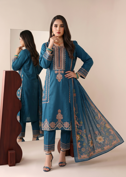 Pakistani Designer Teal Blue Lawn Salwar Kameez Online in KSA Riyadh Saudi Arabia Oman Bahrain Qatar