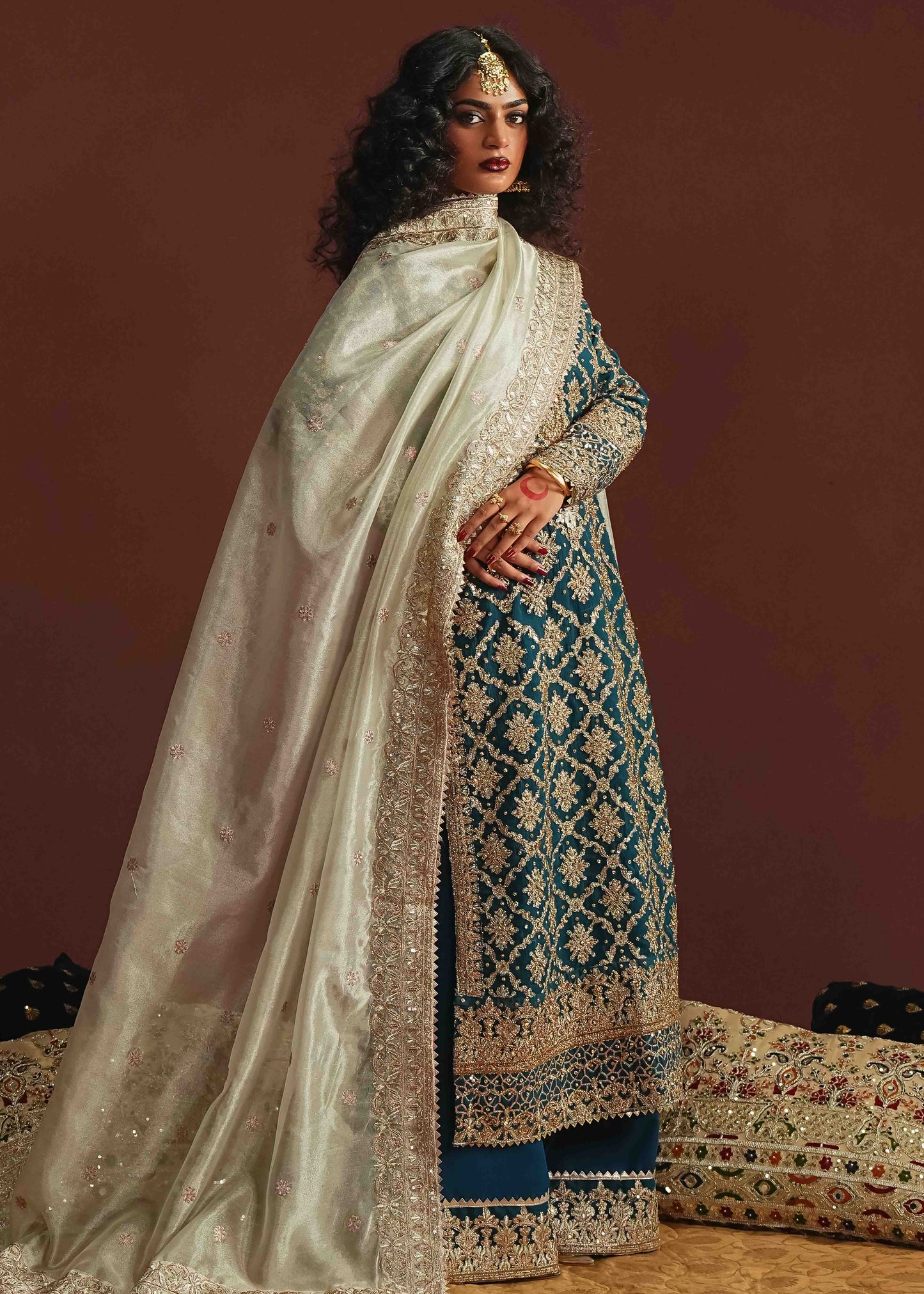 Pakistani Designer Teal Blue Zari Net Salwar Kameez Online in KSA Riyadh Saudi Arabia Oman Bahrain Qatar
