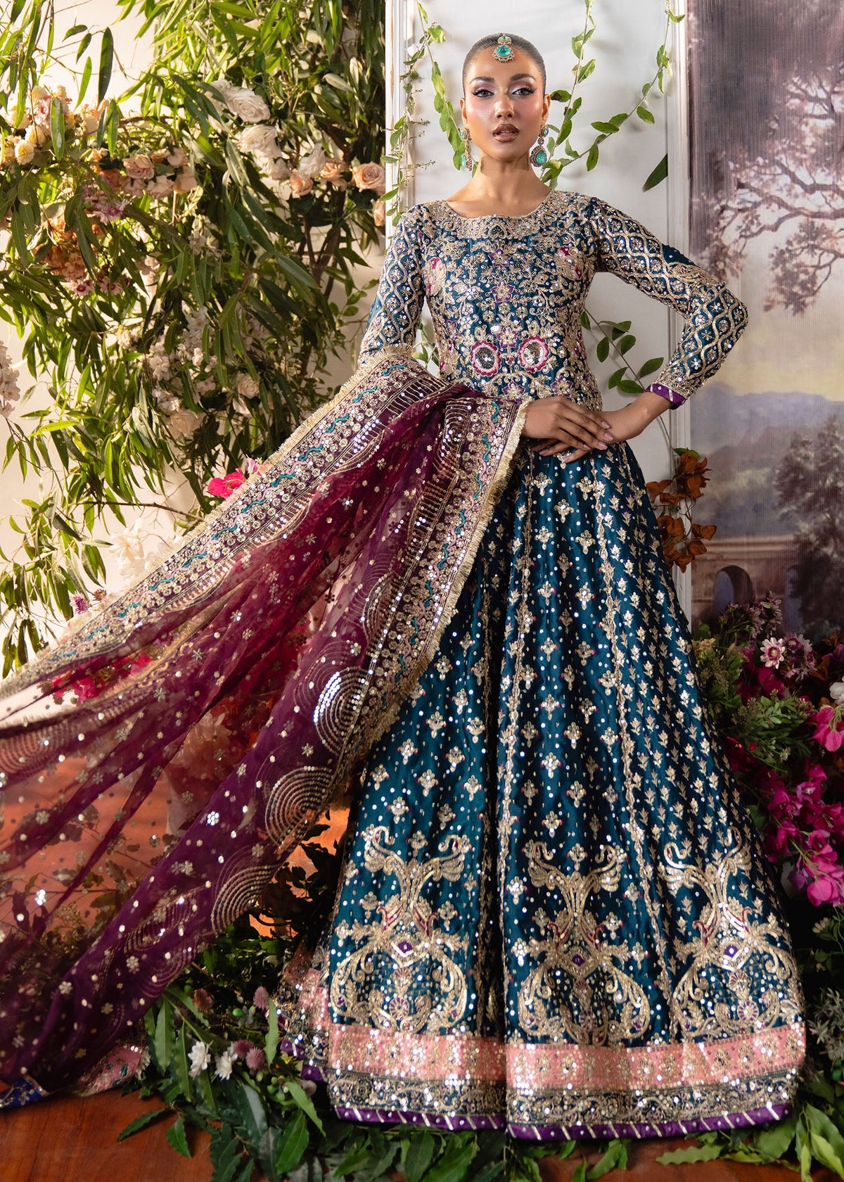 Pakistani Designer Teal Charmuse Lehenga Online in KSA Riyadh Saudi Arabia Oman Bahrain Qatar