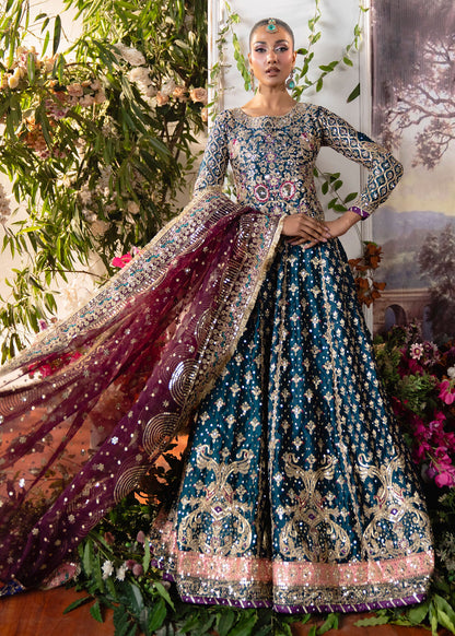 Pakistani Designer Teal Charmuse Lehenga Online in KSA Riyadh Saudi Arabia Oman Bahrain Qatar