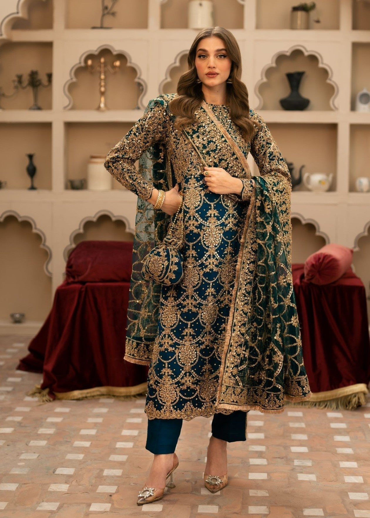 Pakistani Designer Teal Chiffon Embroidered Salwar Kameez Online in KSA Riyadh Saudi Arabia Oman Bahrain Qatar