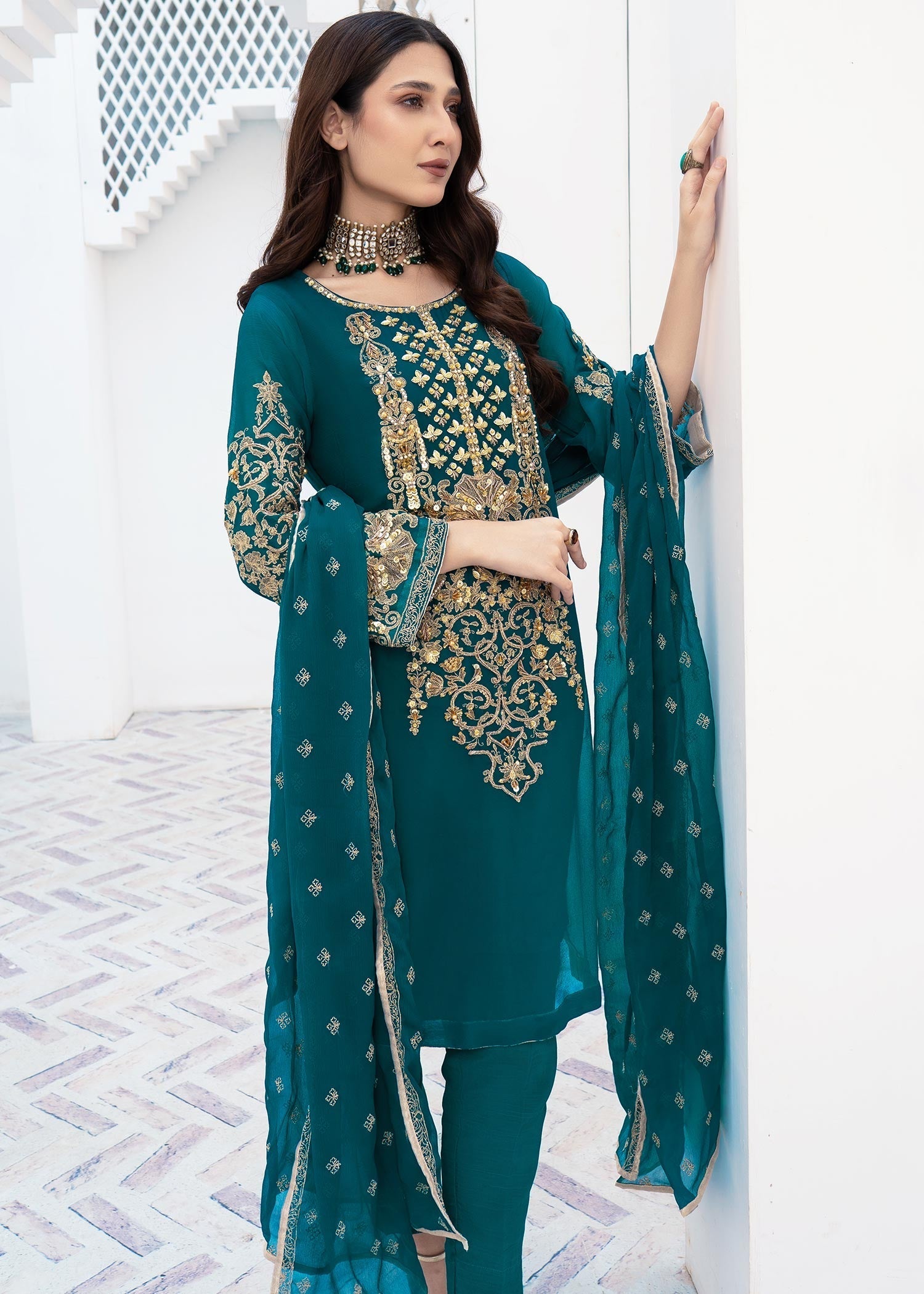 Pakistani Designer Teal Chiffon Embroidered Suit Online in KSA Riyadh Saudi Arabia Oman Bahrain Qatar