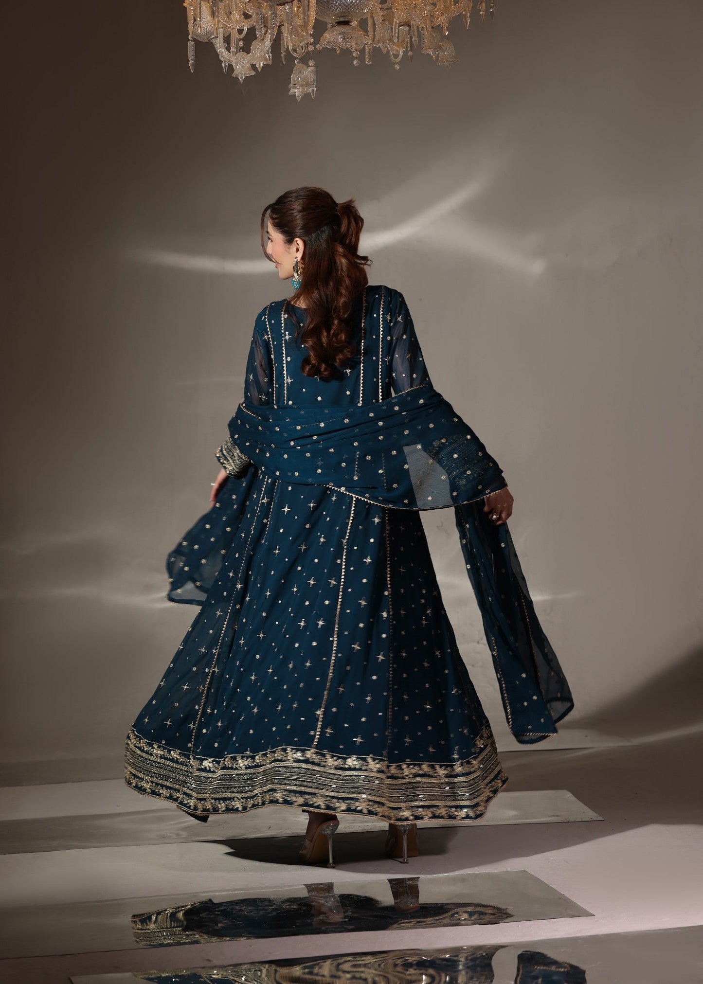 Pakistani Designer Teal Chiffon Festive Suit Online in KSA Riyadh Saudi Arabia Oman Bahrain Qatar