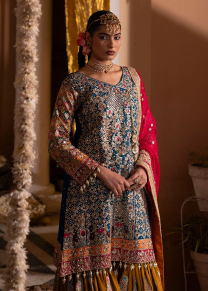 Pakistani Designer Teal Chiffon Gharara Suit Online in KSA Riyadh Saudi Arabia Oman Bahrain Qatar