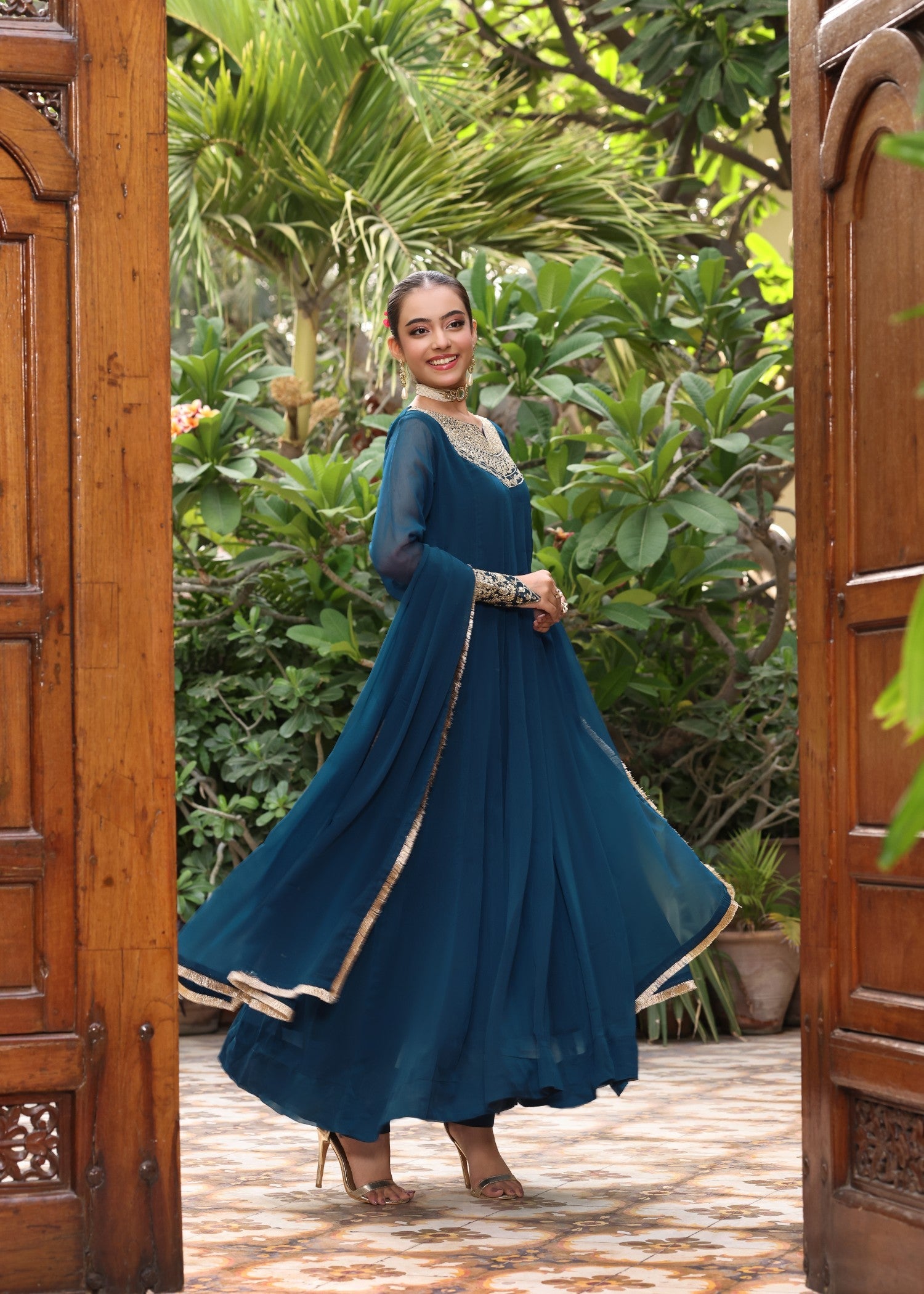 Pakistani Designer Teal Chiffon Pishwas Suit Online in Sri Lanka India Australia
