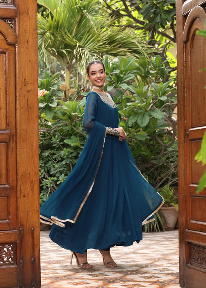 Pakistani Designer Teal Chiffon Pishwas Suit Online in Sri Lanka India Australia