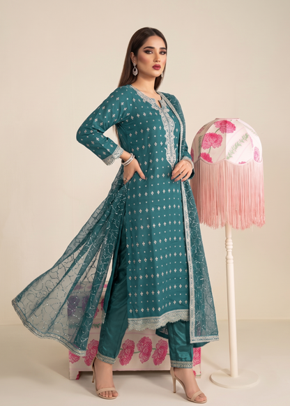 Pakistani Designer Teal Chiffon Salwar Kameez Online in KSA Riyadh Saudi Arabia Oman Bahrain Qatar