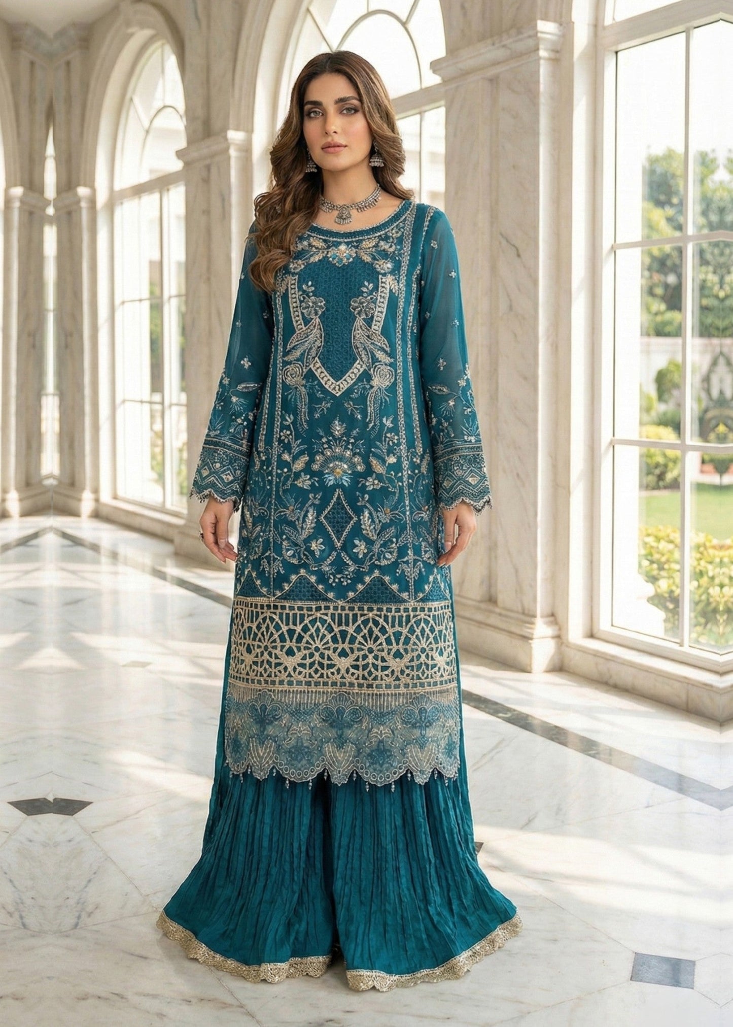 Pakistani Designer Teal Chiffon Salwar Kameez Online in KSA Riyadh Saudi Arabia Oman Bahrain Qatar
