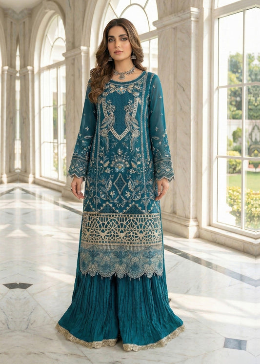 Pakistani Designer Teal Chiffon Salwar Kameez Online in KSA Riyadh Saudi Arabia Oman Bahrain Qatar