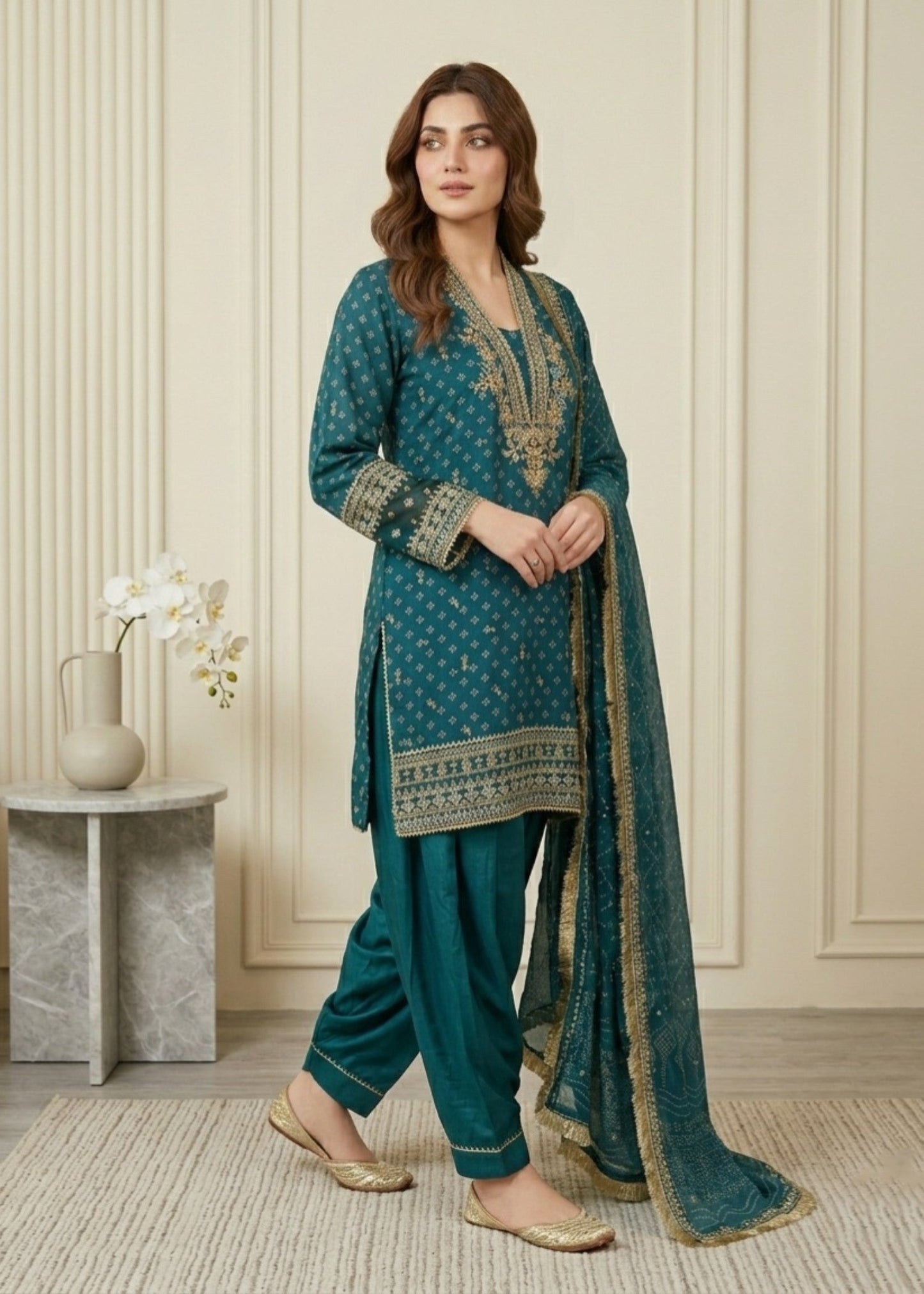 Pakistani Designer Teal Chiffon Salwar Kameez Online in KSA Riyadh Saudi Arabia Oman Bahrain Qatar